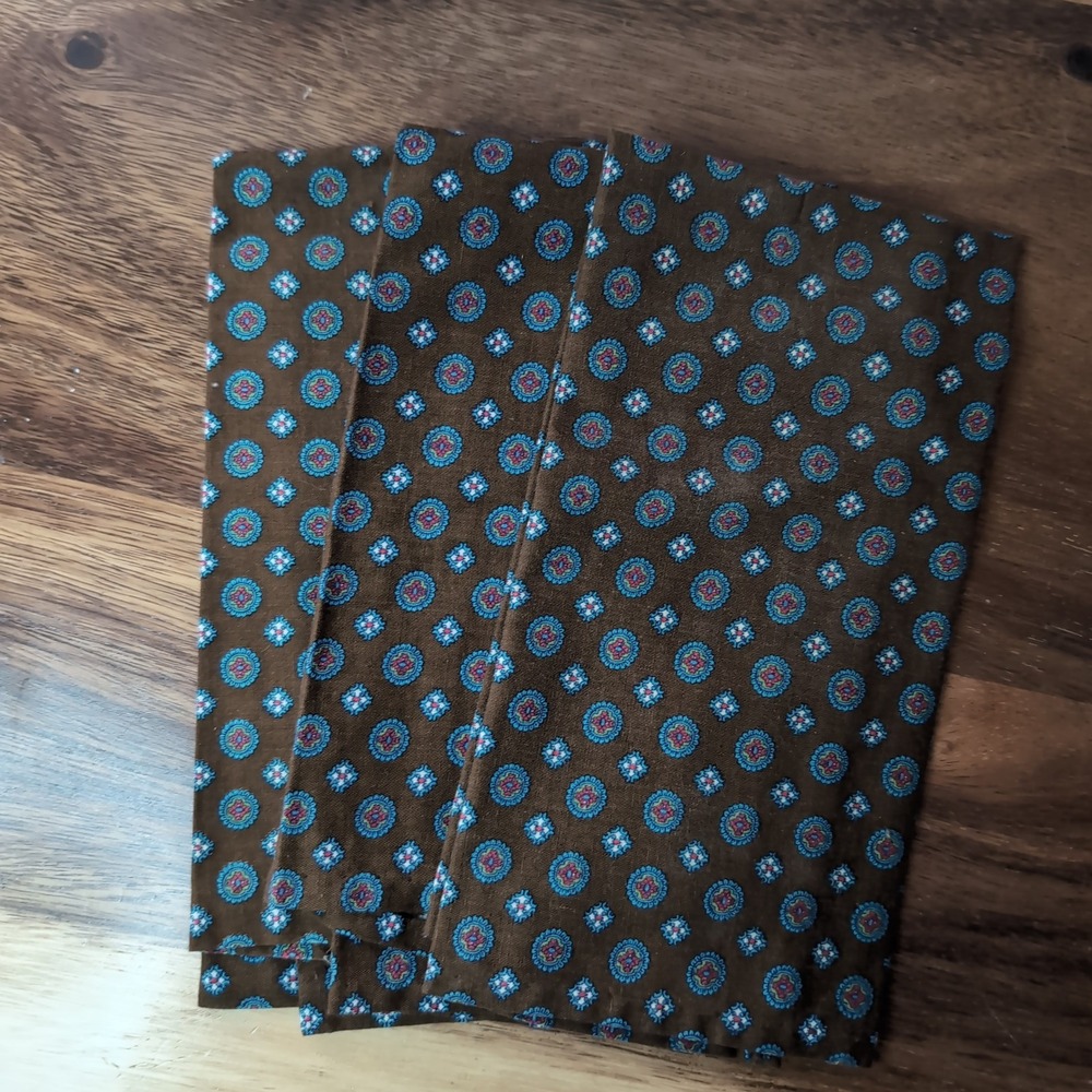 Vtg Brown Medallion Pocket Square Napkin Turquoise Geometric Handkerchief 3 pc